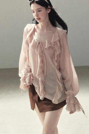 Ruffle Sheer Chiffon Cover-Up Blouse Set