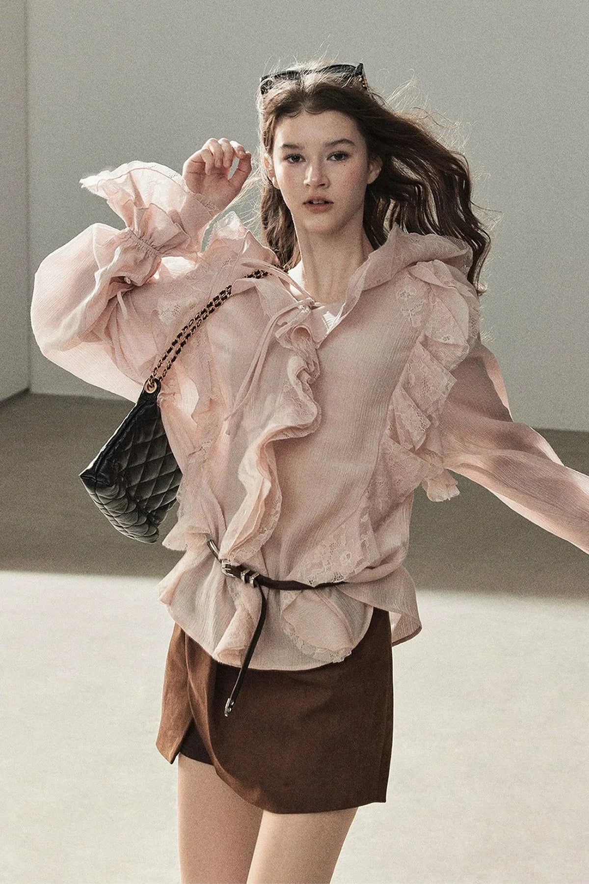 Ruffle Sheer Chiffon Cover-Up Blouse Set