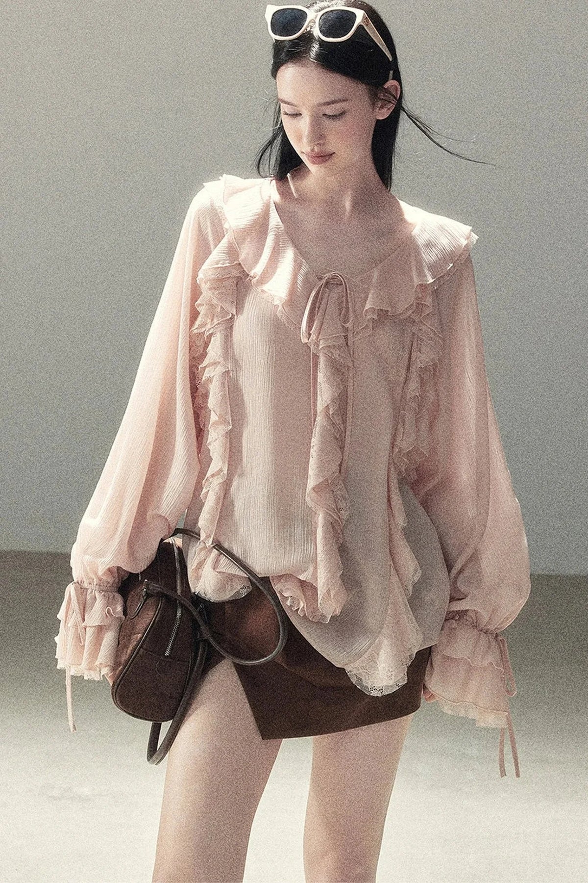 Ruffle Sheer Chiffon Cover-Up Blouse Set