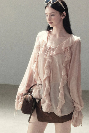 Ruffle Sheer Chiffon Cover-Up Blouse Set