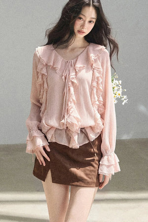 Ruffle Sheer Chiffon Cover-Up Blouse Set