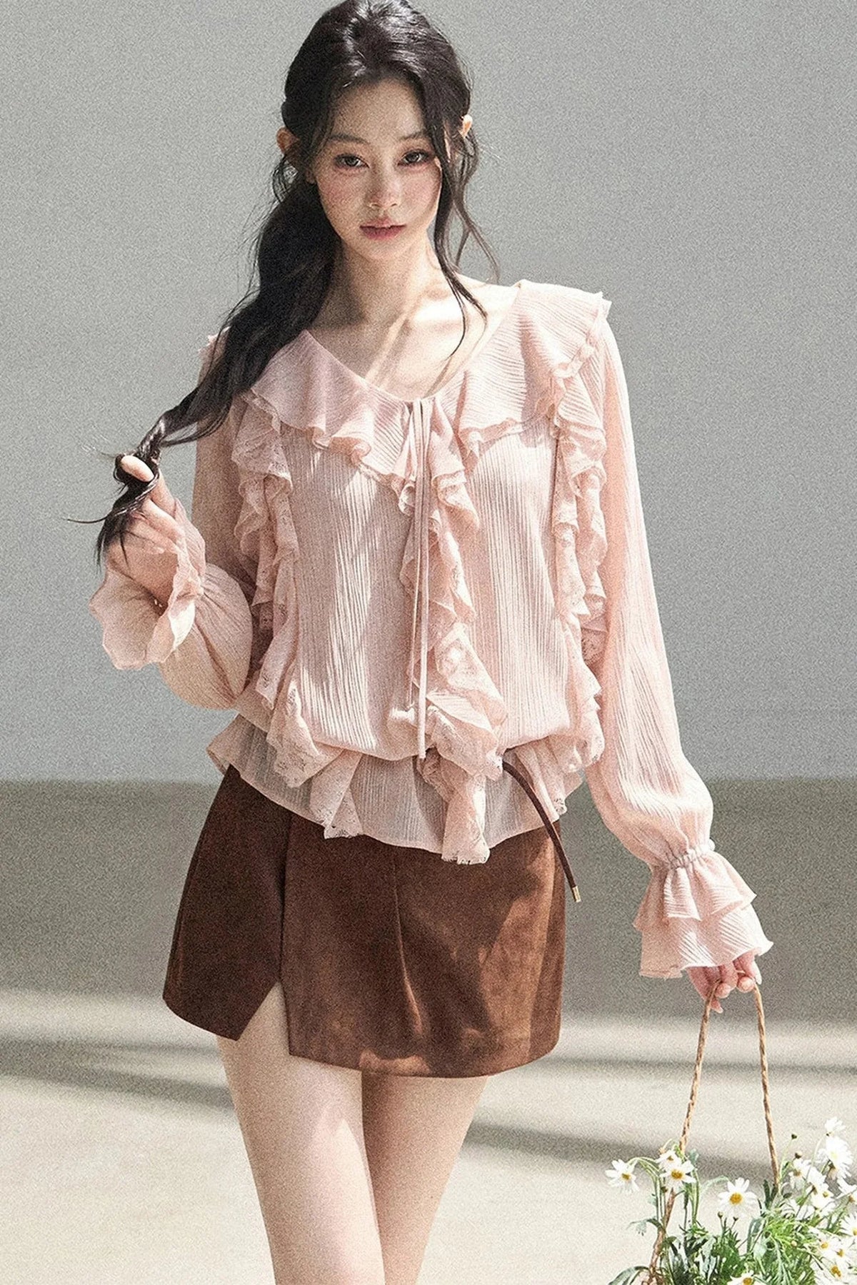 Ruffle Sheer Chiffon Cover-Up Blouse Set