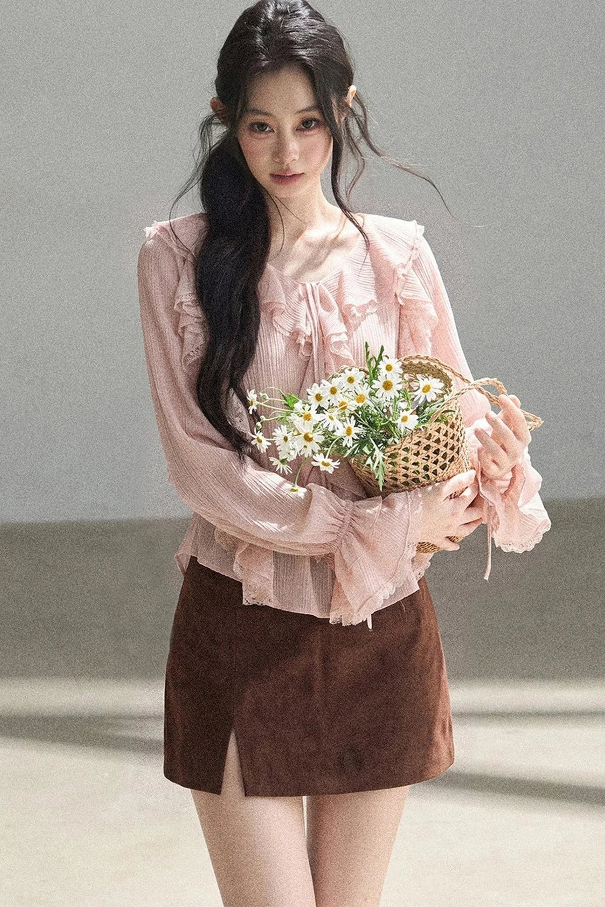Ruffle Sheer Chiffon Cover-Up Blouse Set