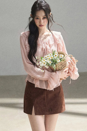 Ruffle Sheer Chiffon Cover-Up Blouse Set