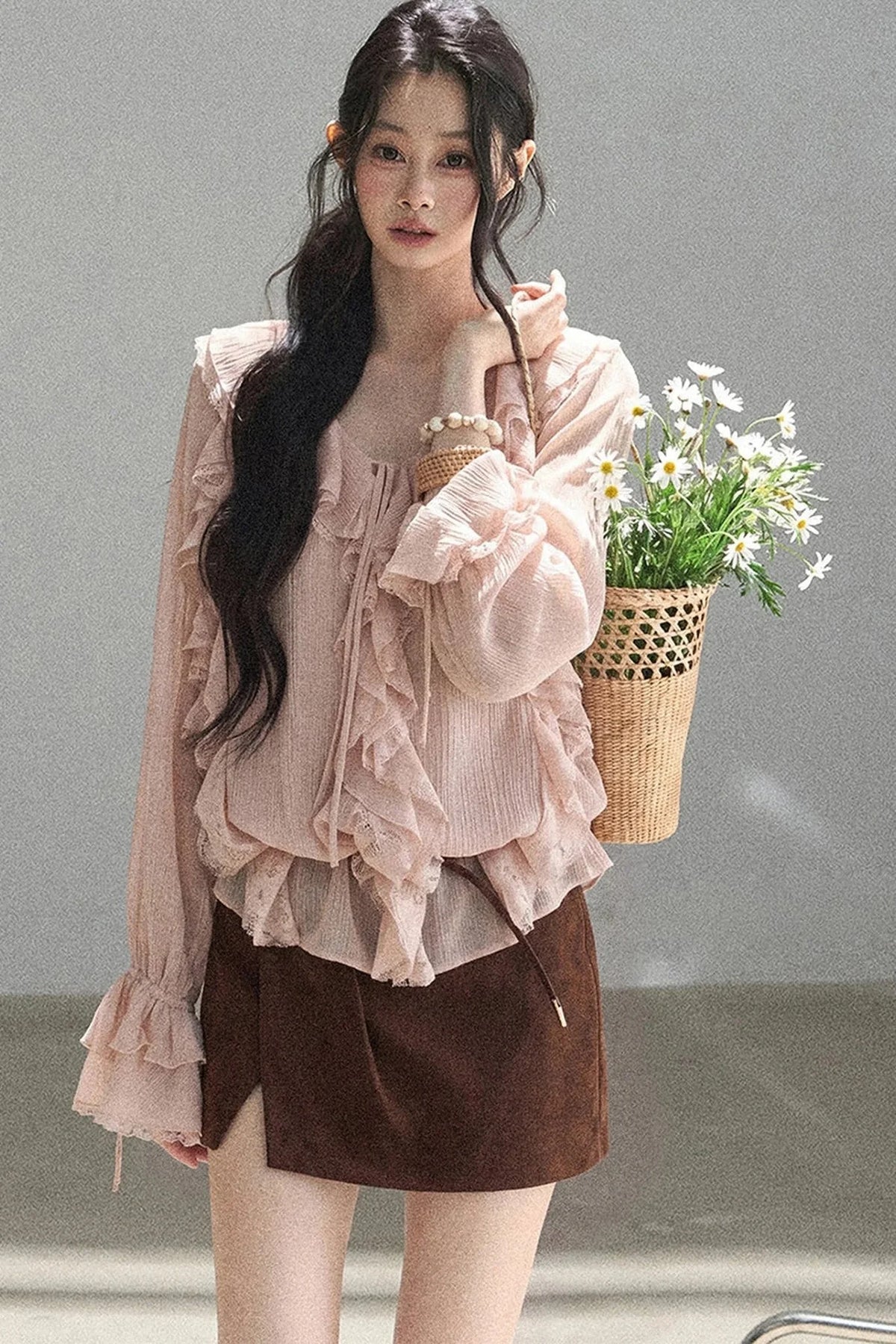 Ruffle Sheer Chiffon Cover-Up Blouse Set
