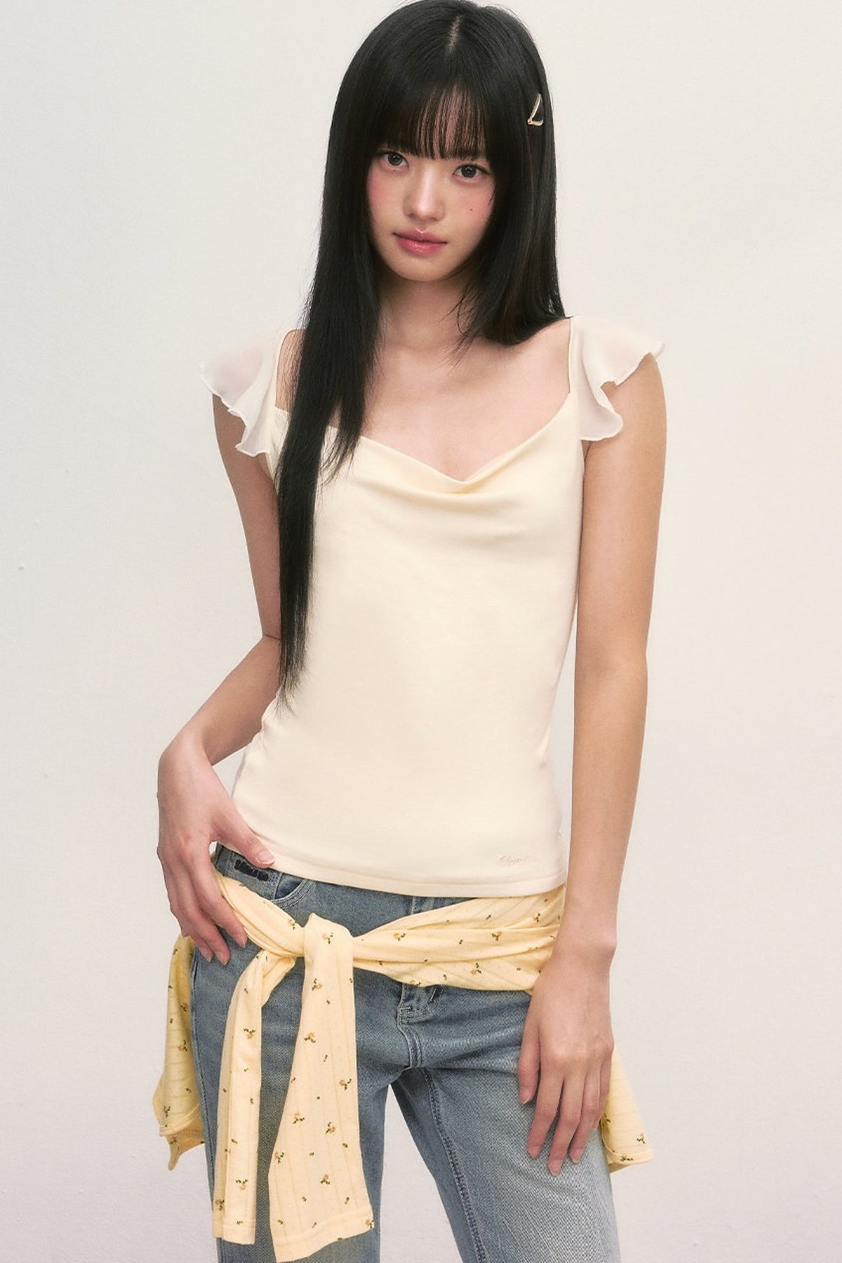 Ruffle Sleeve Drape Neck Top
