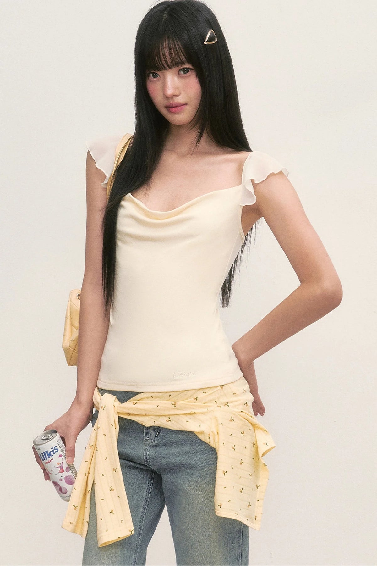 Ruffle Sleeve Drape Neck Top