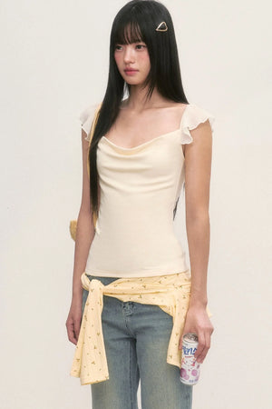 Ruffle Sleeve Drape Neck Top