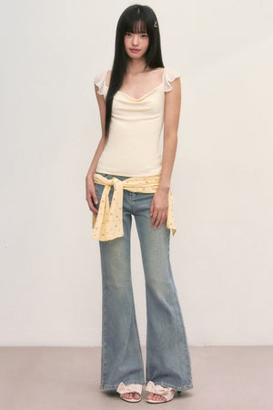 Ruffle Sleeve Drape Neck Top