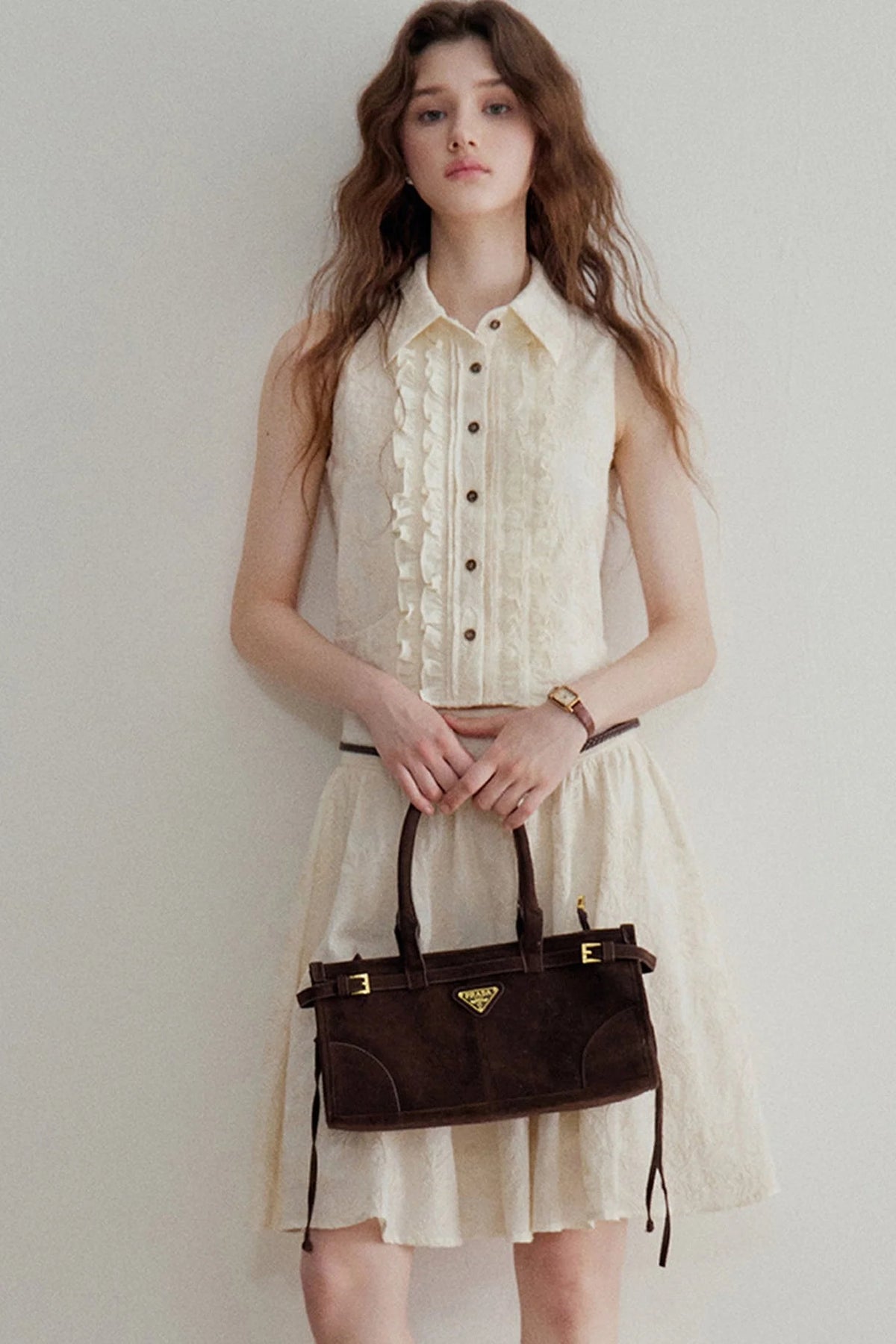 Ruffle Sleeveless Shirt Vest and Skirt Set-Up