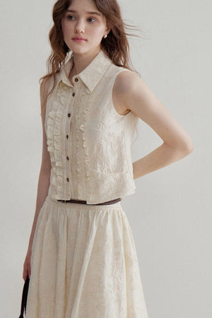 Ruffle Sleeveless Shirt Vest and Skirt Set-Up