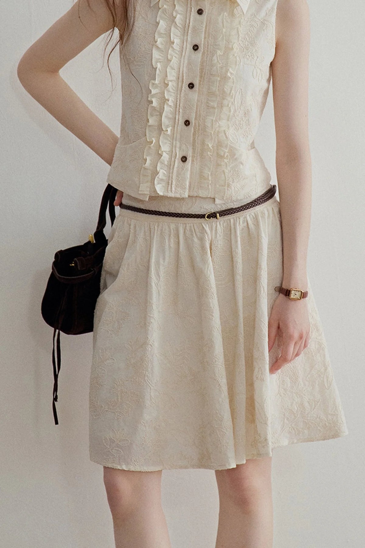 Ruffle Sleeveless Shirt Vest and Skirt Set-Up