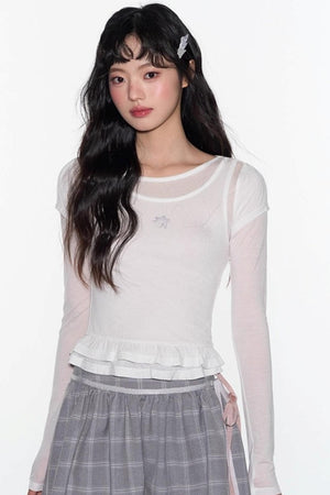 Ruffle Tencel Long-sleeved Top Set-Up