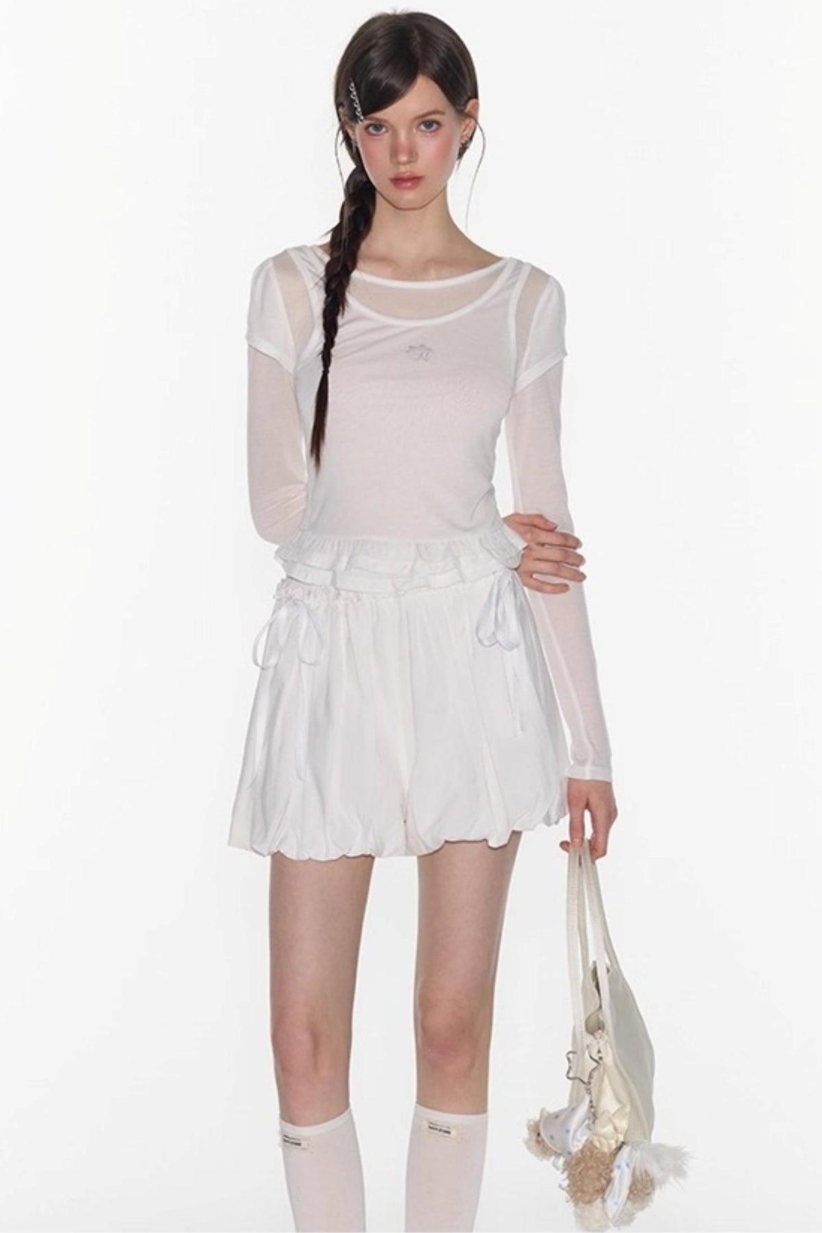 Ruffle Tencel Long-sleeved Top Set-Up