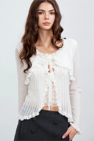 Ruffle Tie Hollow Out Knit Cardigan