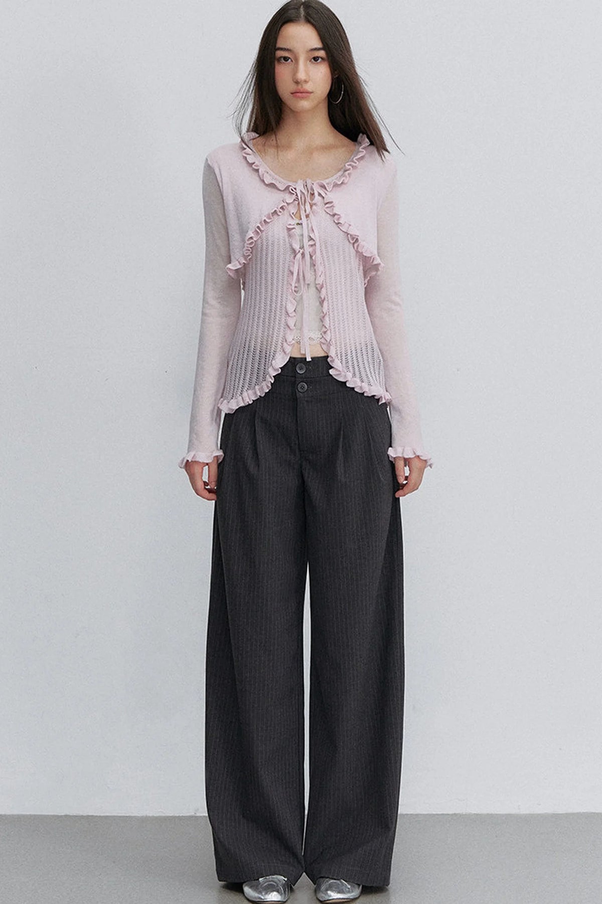 Ruffle Tie Hollow Out Knit Cardigan