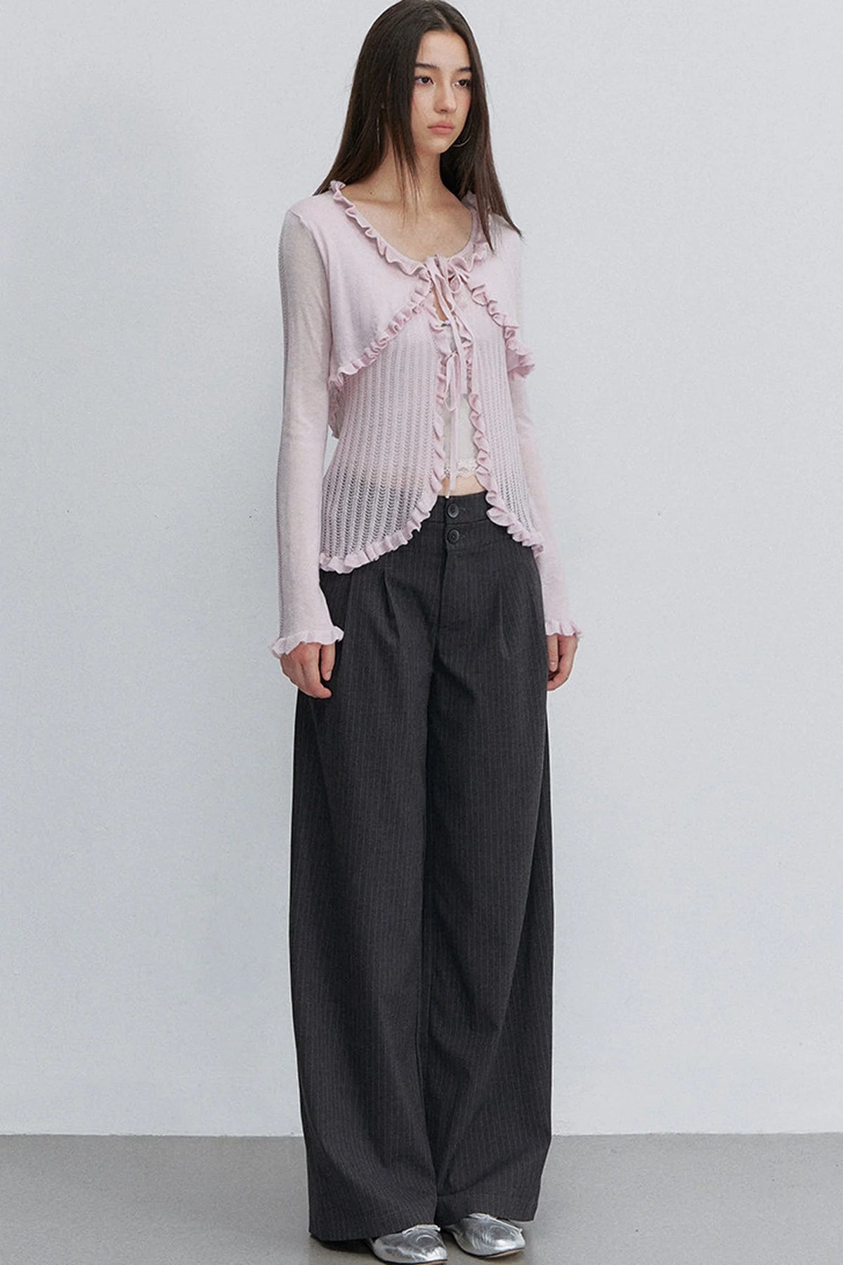 Ruffle Tie Hollow Out Knit Cardigan