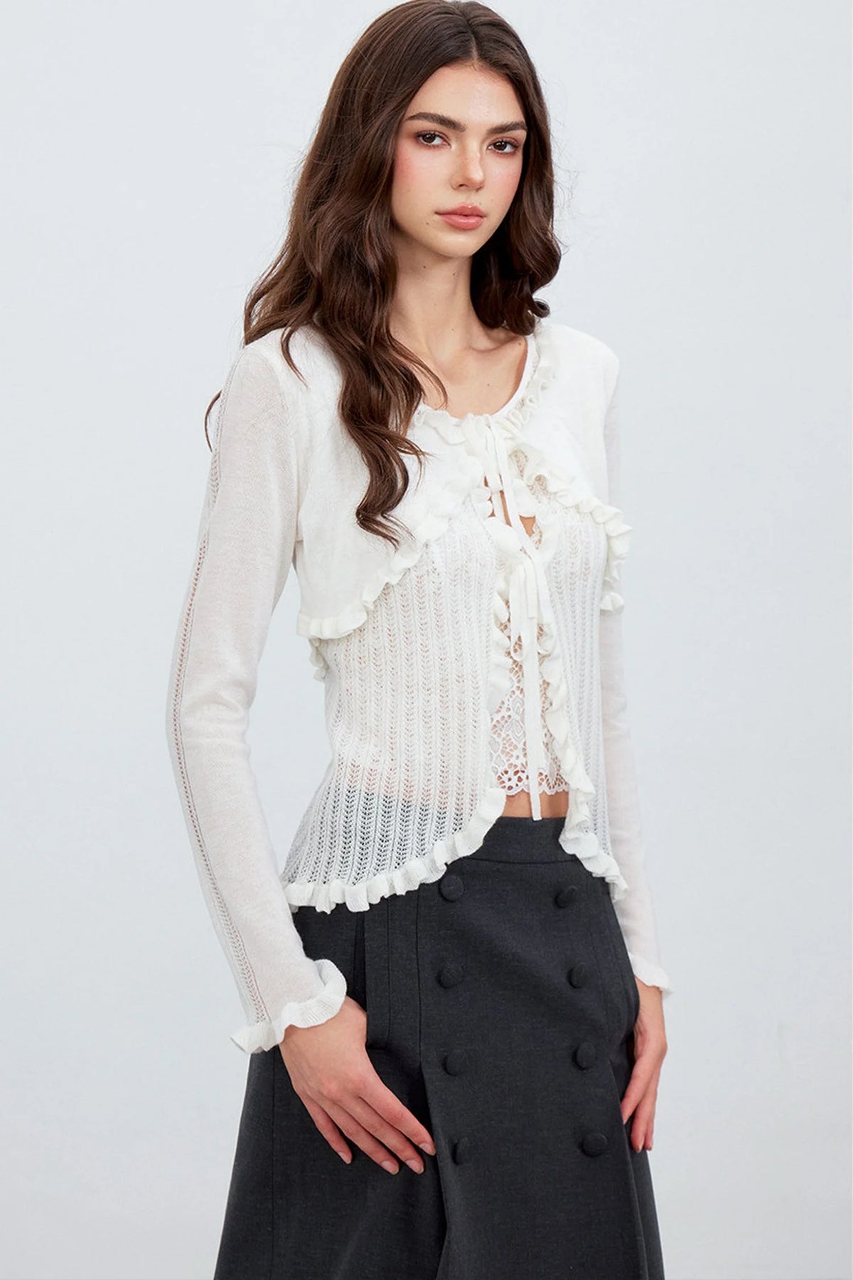 Ruffle Tie Hollow Out Knit Cardigan