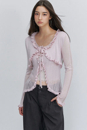 Ruffle Tie Hollow Out Knit Cardigan