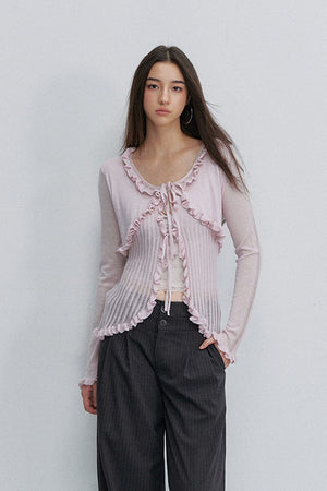 Ruffle Tie Hollow Out Knit Cardigan