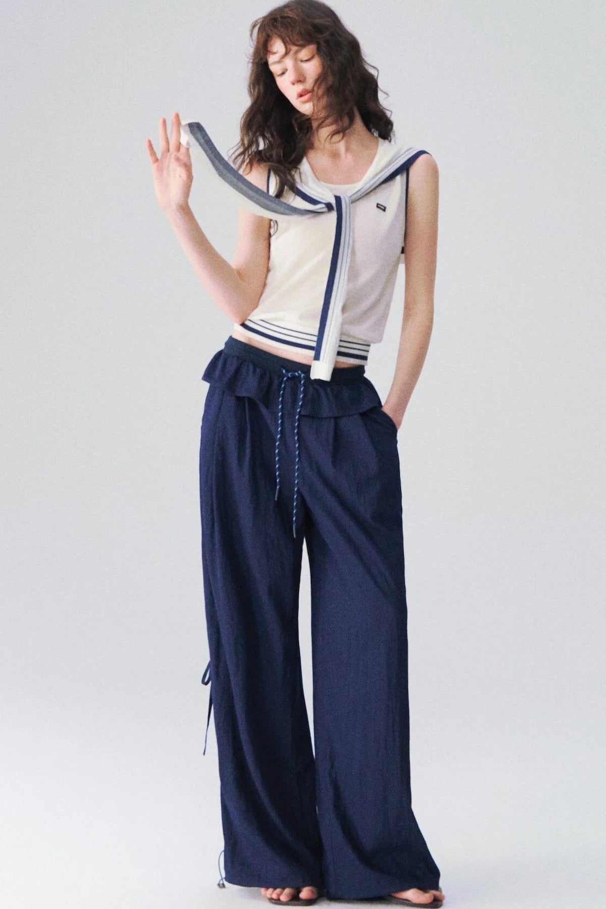 Ruffle Waist Wide Leg Trousers