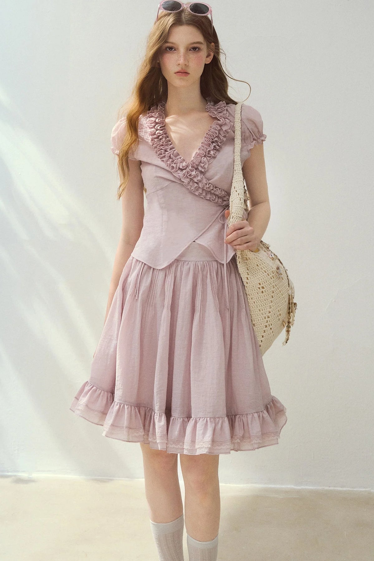 Ruffle Wrap Top and Tiered Skirt Set