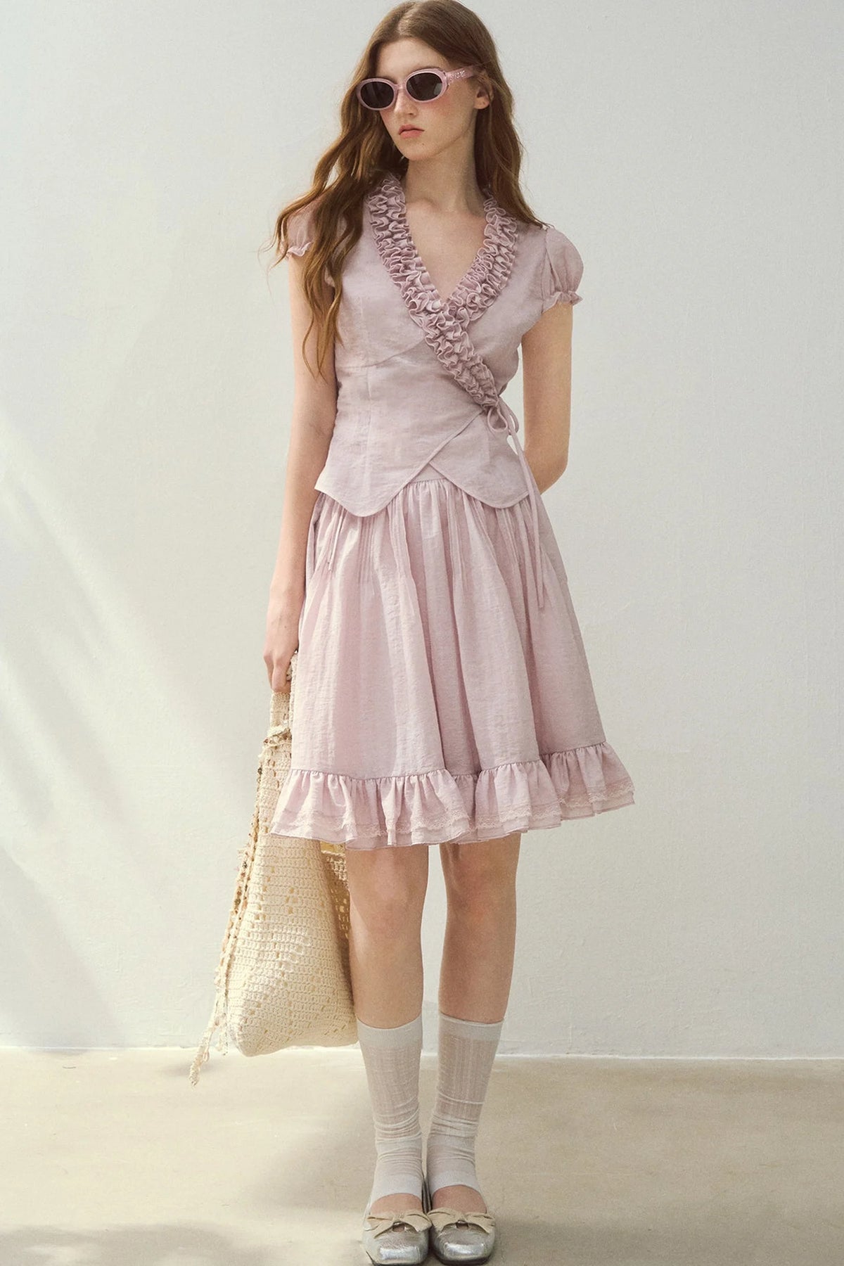 Ruffle Wrap Top and Tiered Skirt Set
