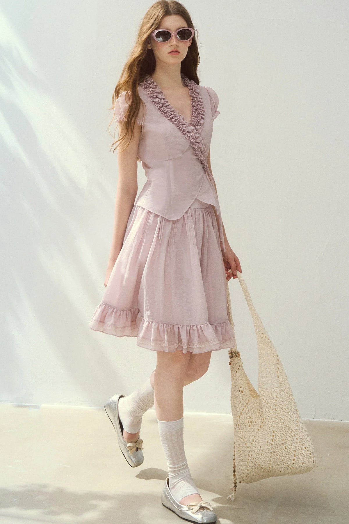 Ruffle Wrap Top and Tiered Skirt Set