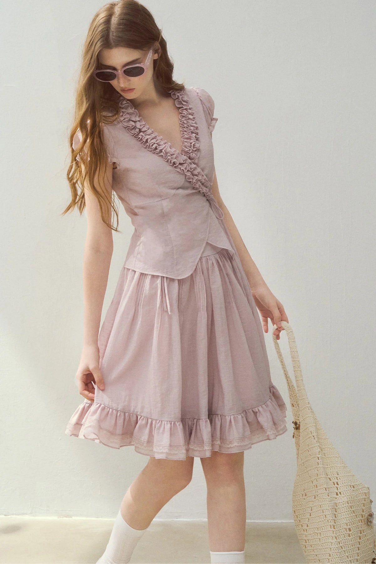 Ruffle Wrap Top and Tiered Skirt Set