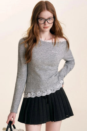 Ruffled Asymmetric Lace Knit Top