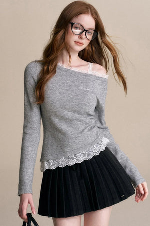 Ruffled Asymmetric Lace Knit Top