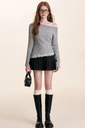 Ruffled Asymmetric Lace Knit Top