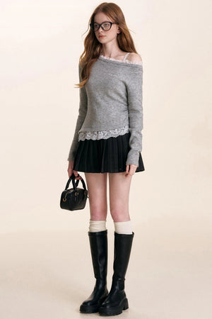 Ruffled Asymmetric Lace Knit Top