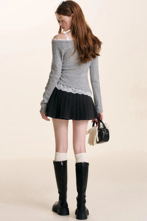 Ruffled Asymmetric Lace Knit Top