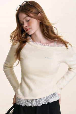 Ruffled Asymmetric Lace Knit Top