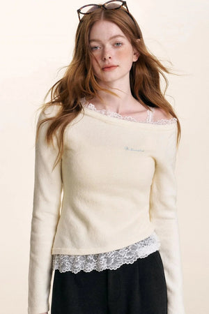 Ruffled Asymmetric Lace Knit Top