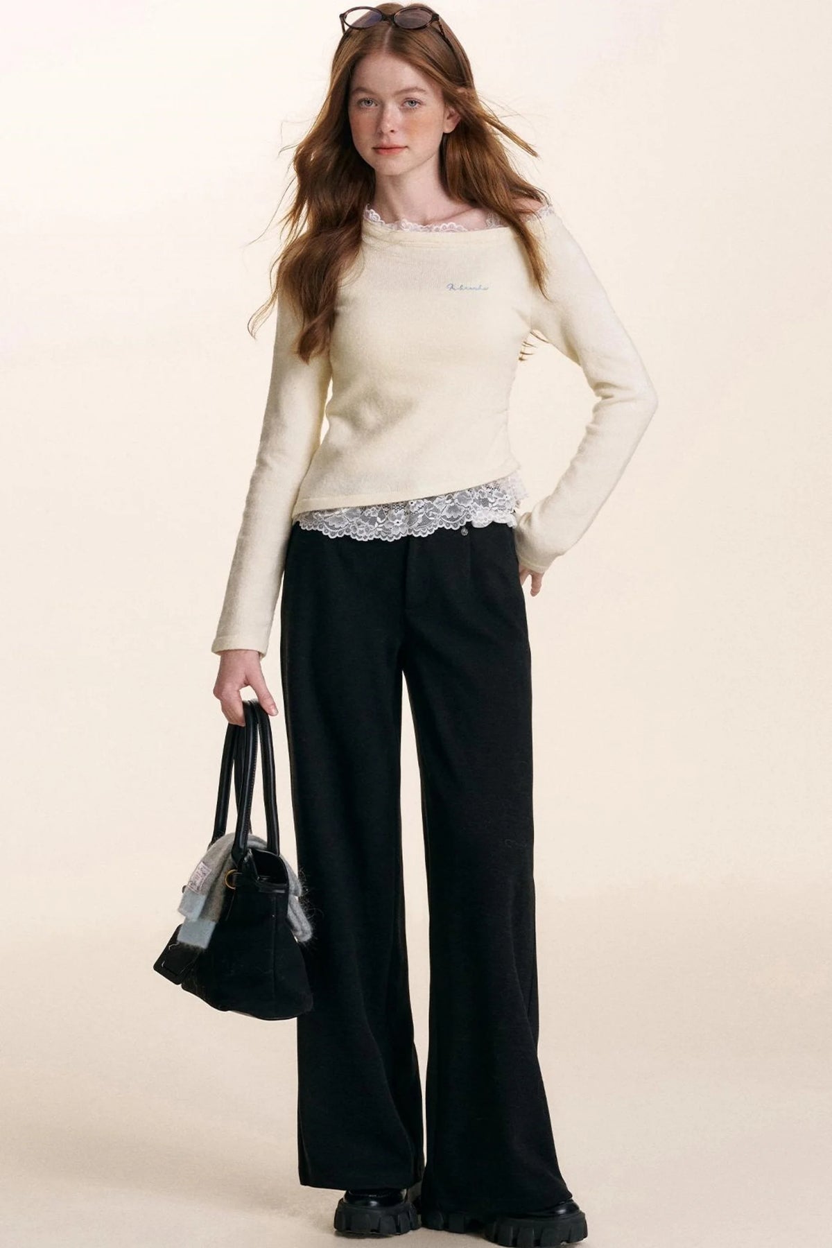 Ruffled Asymmetric Lace Knit Top