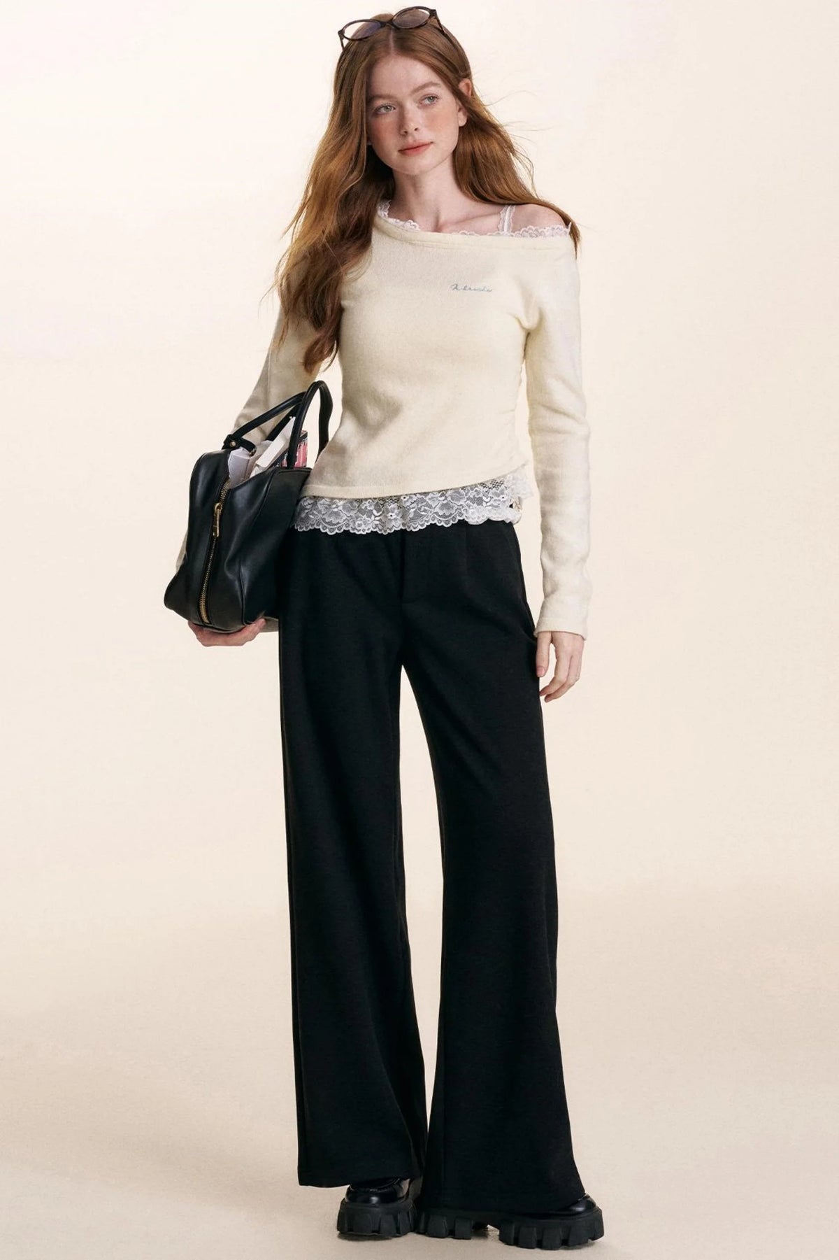 Ruffled Asymmetric Lace Knit Top