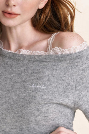 Ruffled Asymmetric Lace Knit Top