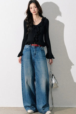 Ruffled Bell-Sleeve Knit Top
