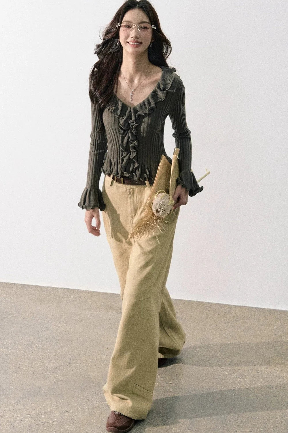 Ruffled Bell-Sleeve Knit Top