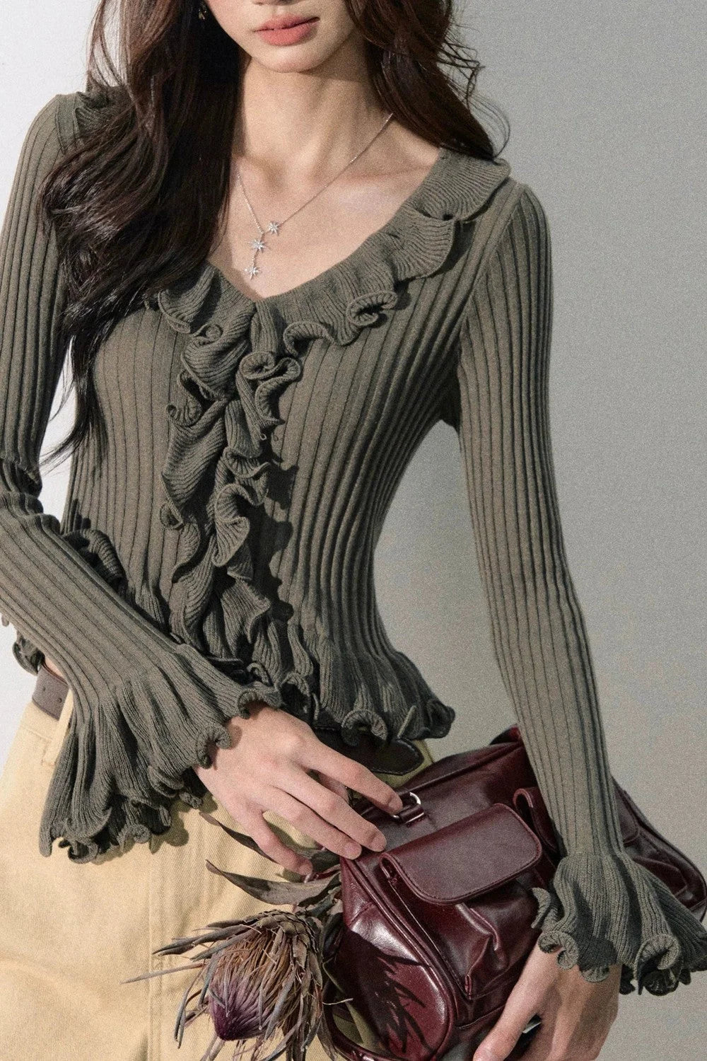 Ruffled Bell-Sleeve Knit Top