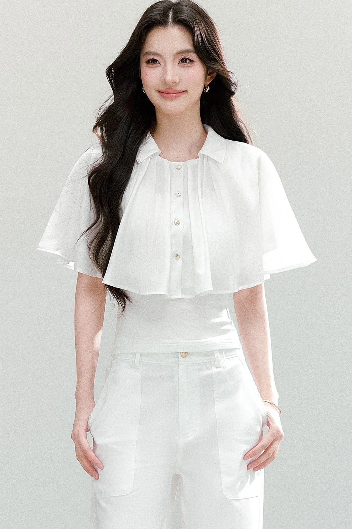 Ruffled Cape Collar Short-Sleeve Shirt