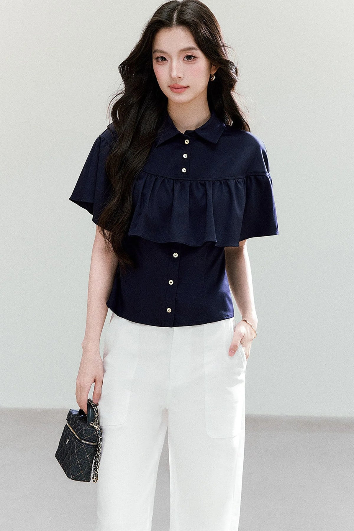 Ruffled Cape Collar Short-Sleeve Shirt