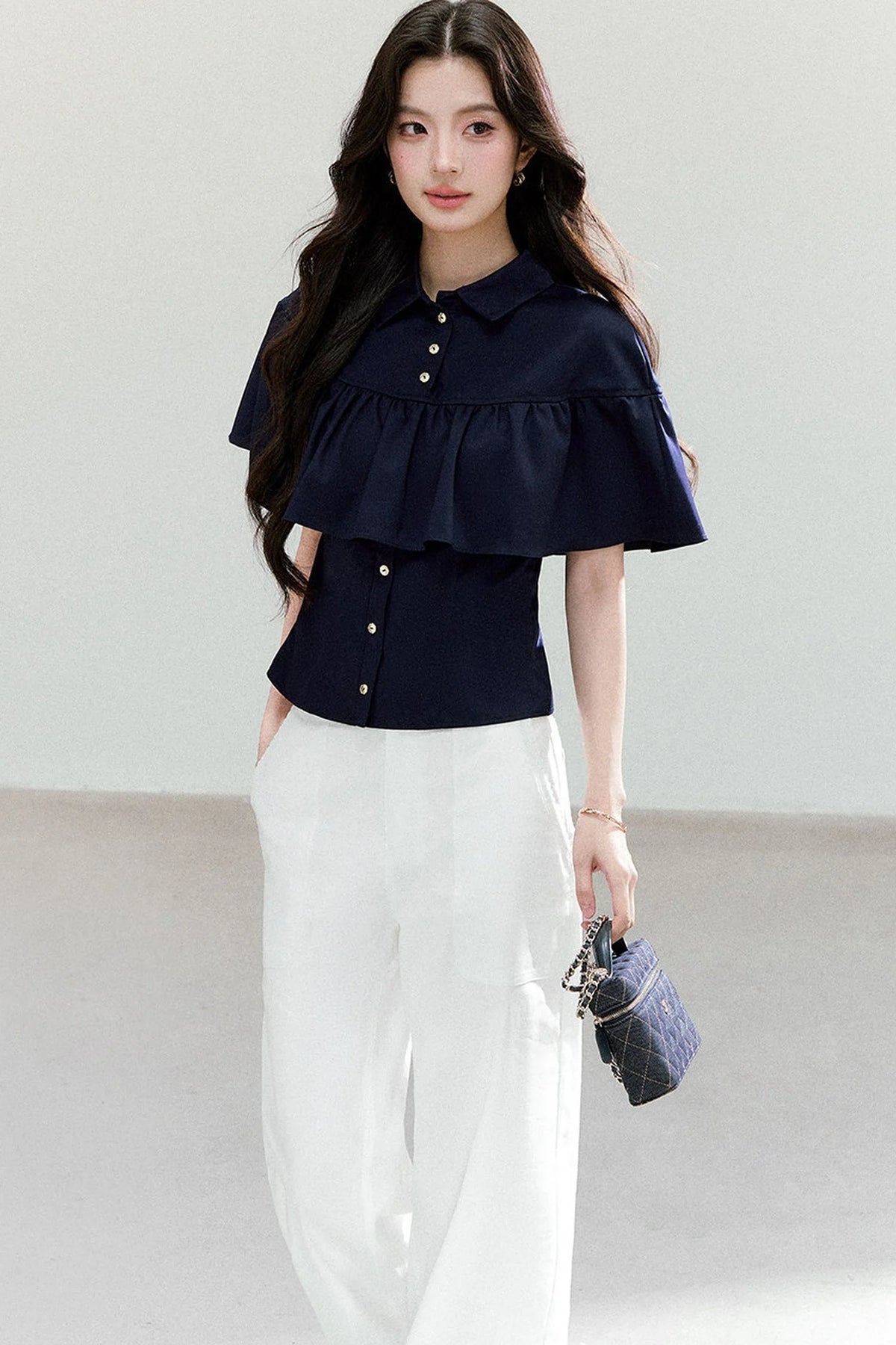 Ruffled Cape Collar Short-Sleeve Shirt