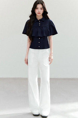 Ruffled Cape Collar Short-Sleeve Shirt
