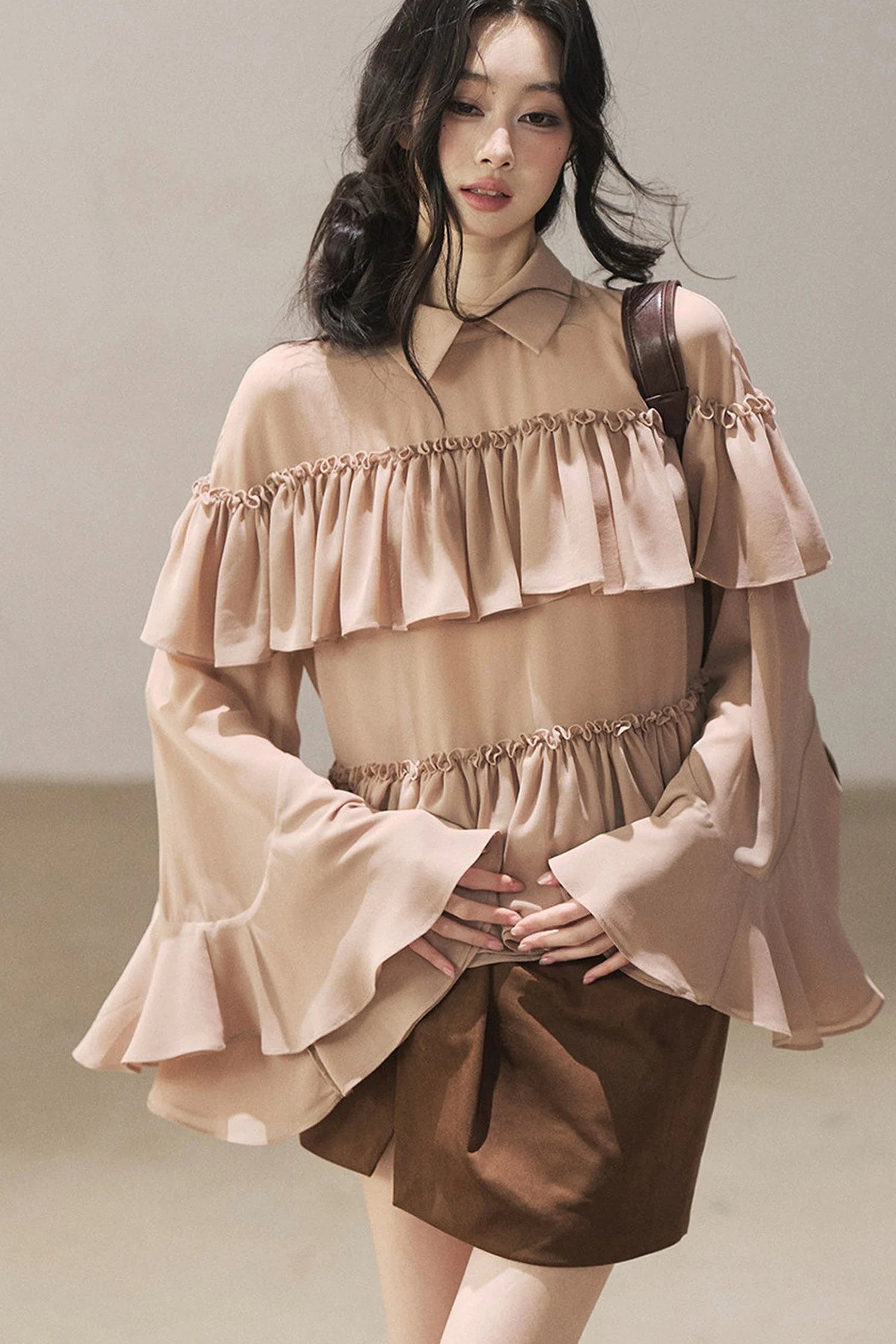 Ruffled Chiffon Polo Blouse