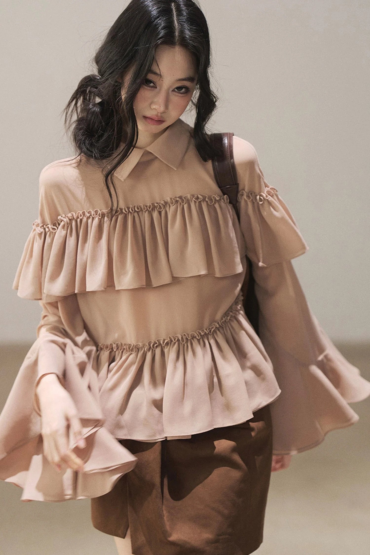 Ruffled Chiffon Polo Blouse