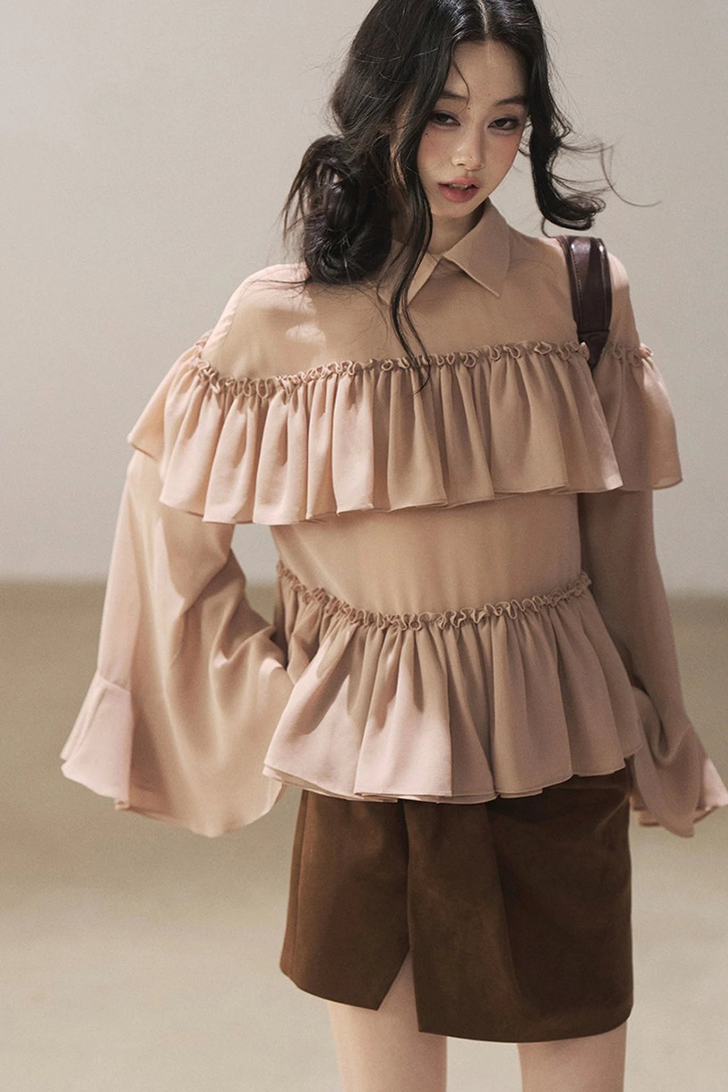 Ruffled Chiffon Polo Blouse