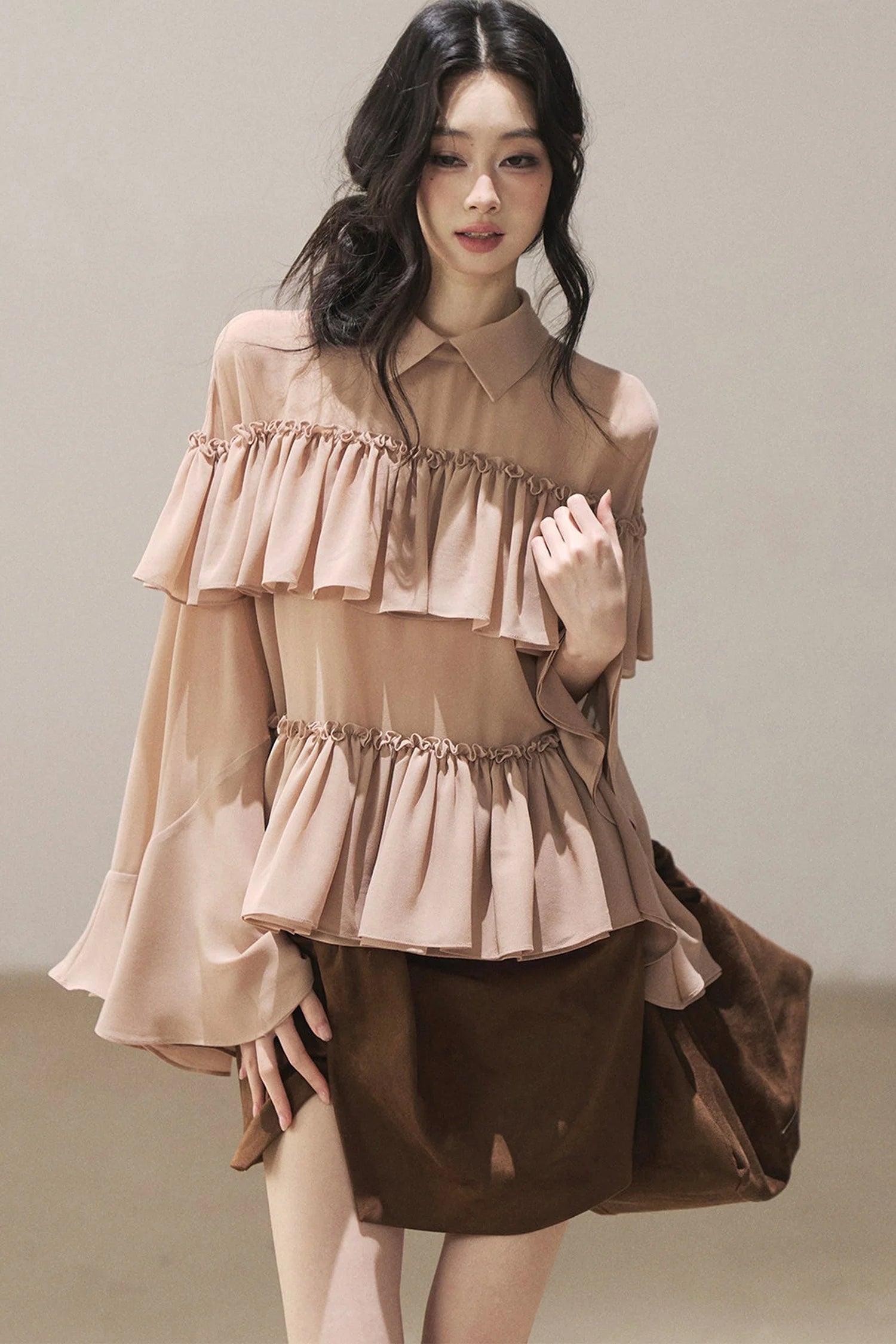 Ruffled Chiffon Polo Blouse